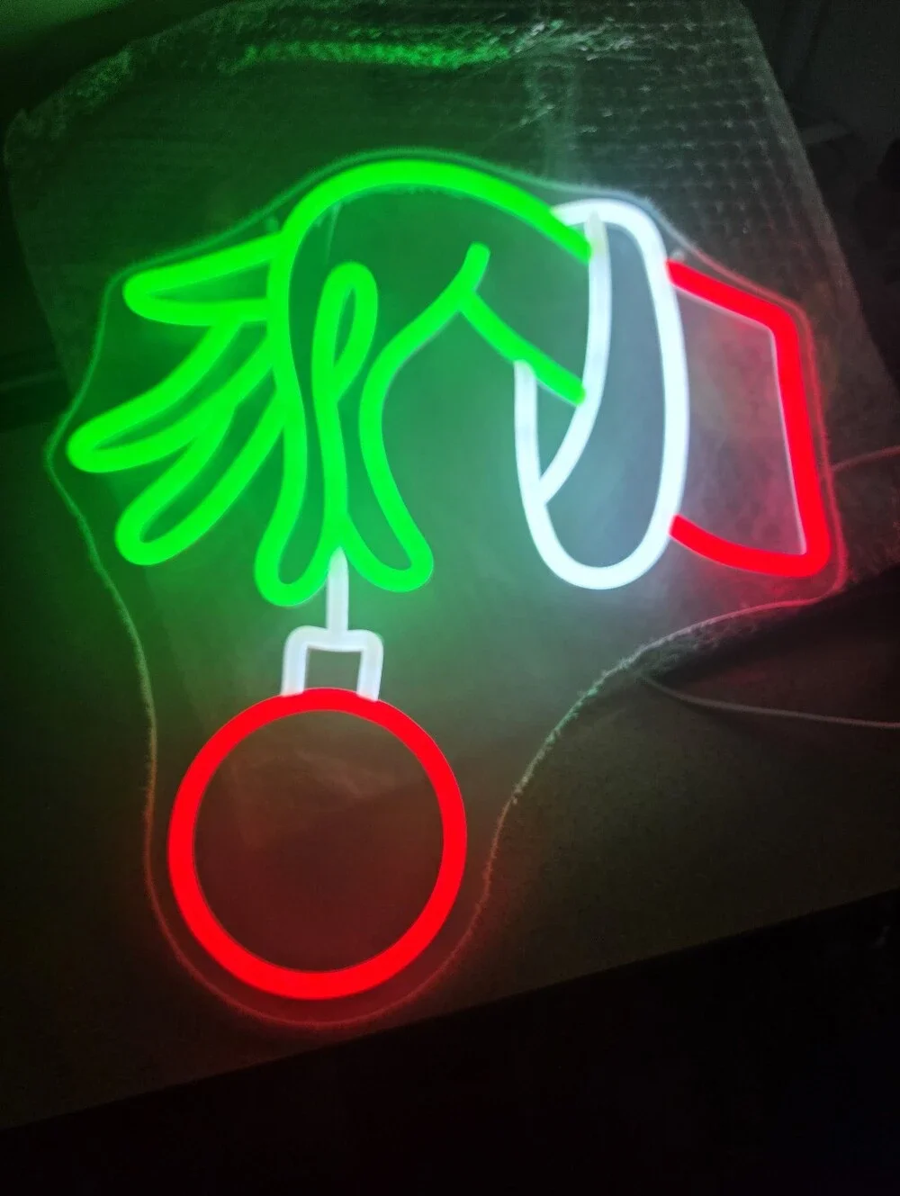 Christmas Neon LED Grinch-Inspired Hand Holding Ornament Wall Sign NIB
